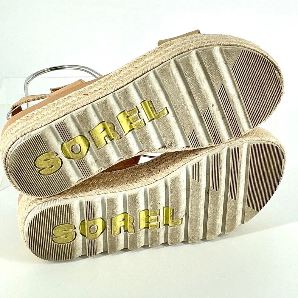 Sorel Womens Size 7 Cameron Flatform‎ Espadrille Tan Leather Platform Sandals